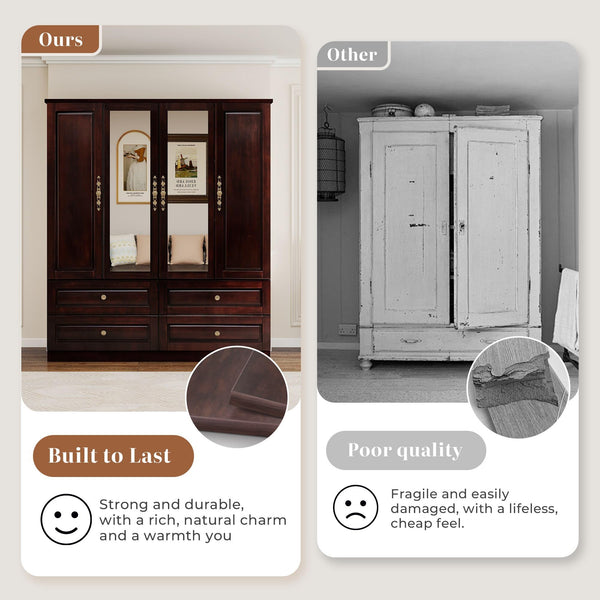4-Door Solid Wood Armoire Wardrobe with Mirrors & Drawers