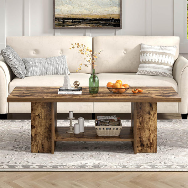 Rustic 2-Tier Coffee Table with Storage Shelves