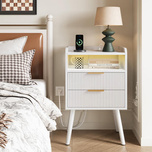 Fluted Nightstand with Charging Station & LED