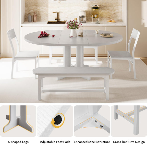 5-Piece Extendable Round Dining Table Set with Chairs and Benches