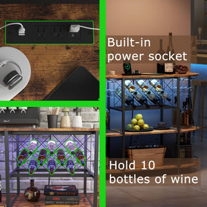 3-Tier Wine Cabinet Bar Cart with LED Light & Power Outlet