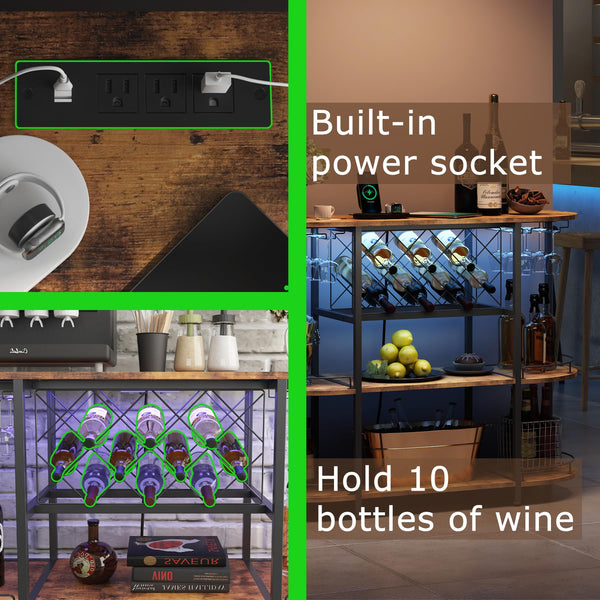 3-Tier Wine Cabinet Bar Cart with LED Light & Power Outlet