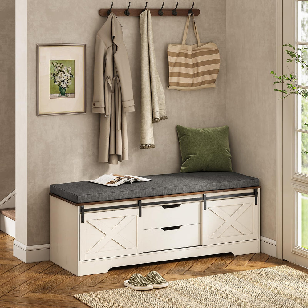 Farmhouse Storage Bench with Cushion & Sliding Barn Doors