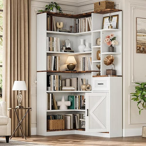 L-Shaped Corner Bookshelf, 6-Tier with Drawer & Cabinet