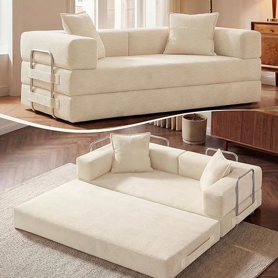 Convertible Sofa Bed with Pull-Out Sleeper | Corduroy Futon Couch | No Assembly