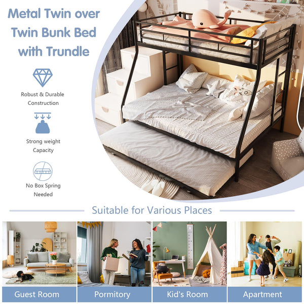 Twin Over Full Bunk Bed with Trundle – Metal Frame, Guardrails & Ladder