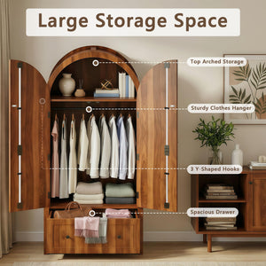 Armoire Wardrobe Closet with Drawer & Arched Doors — Walnut