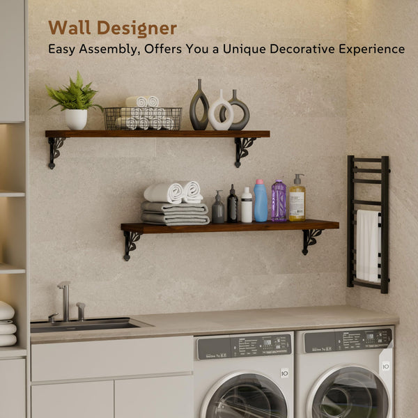 Solid Wood Floating Wall Shelves with Metal Brackets – Set of 2