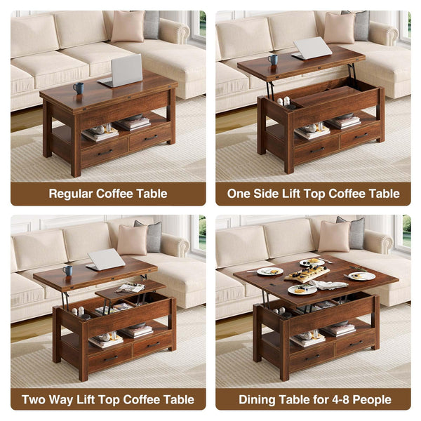 Split Lift-Top Coffee Table with Drawers & Hidden Storage