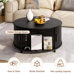 Round Coffee Table with Storage & 360° Sliding Door