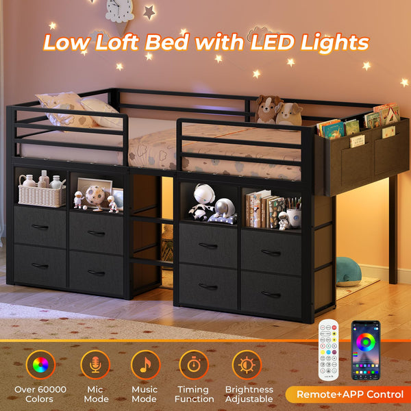 Twin Kids Loft Bed with Storage Drawers, Bookcase & LED Lights