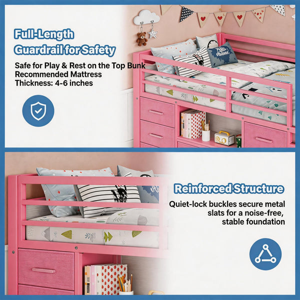 Twin Low Loft Bed with 8 Storage Drawers & Bookcase