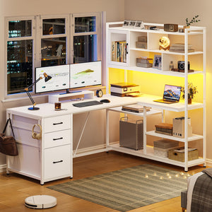 L-Shaped Computer Desk with Bookshelf, Drawers & LED Light