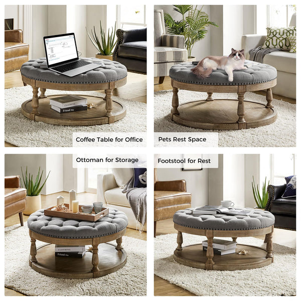 Round Tufted Ottoman with Storage Shelf