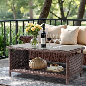 Outdoor Wicker Patio Coffee Table with Tempered Glass Top & Storage Shelf