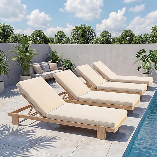 Acacia Wood Outdoor Chaise Lounge Chair with Cushion