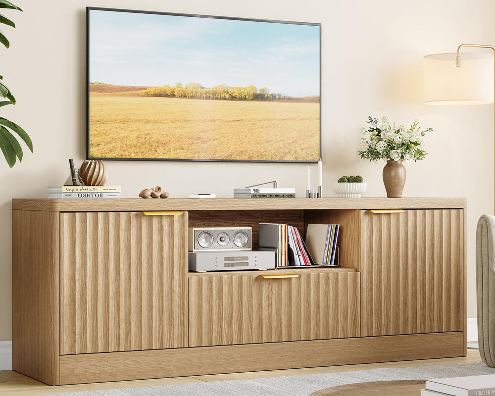 Modern Fluted TV Stand with Drawer, Cabinet & Open Shelf