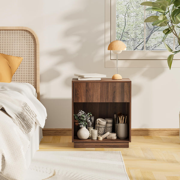 Fluted Nightstands Set of 2 with Drawer and Storage Shelf