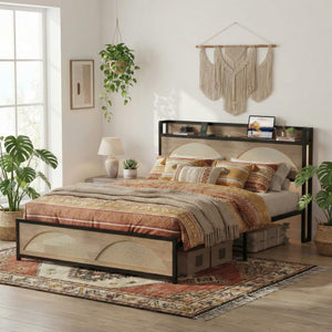 Rattan Queen Bed Frame with LED Lights & Charging Station