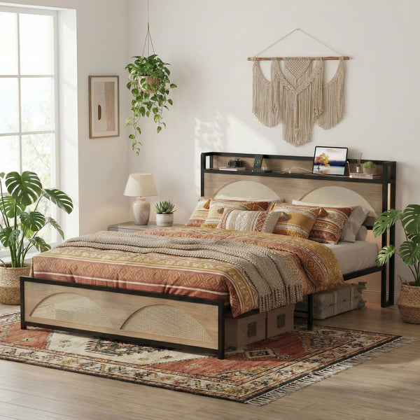 Rattan Queen Bed Frame with LED Lights & Charging Station