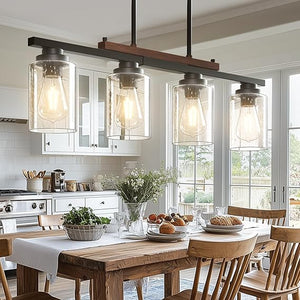 Farmhouse Chandelier with Seeded Glass Shade | Adjustable Kitchen Island Pendant Light