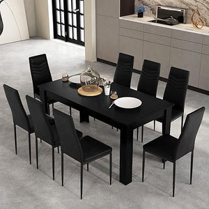 9-Piece Dining Table Set with 8 PVC Leather Chairs – Black