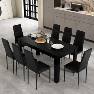 9-Piece Dining Table Set with 8 PVC Leather Chairs – Black
