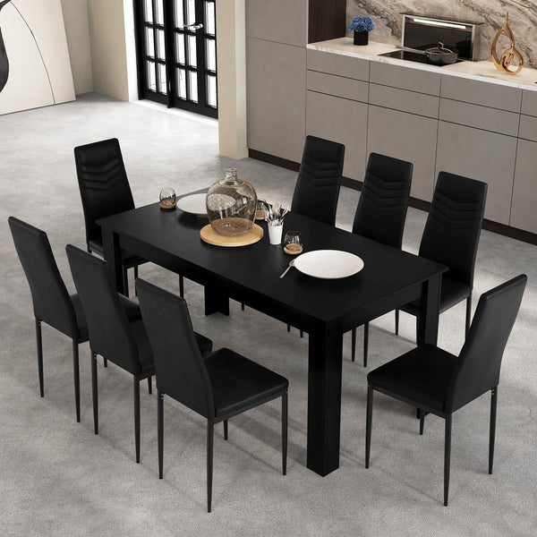 9-Piece Dining Table Set with 8 PVC Leather Chairs – Black