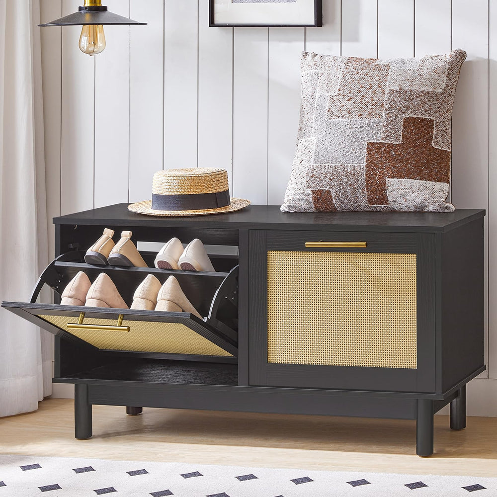 Rattan Shoe Storage Bench with Flip Drawers