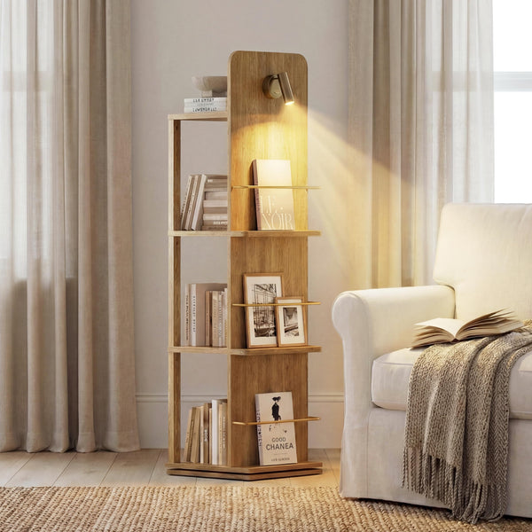 4-Tier Rotating Bookshelf Tower with Light