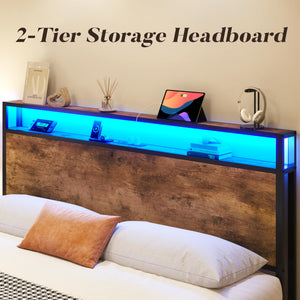 Metal Platform Bed Frame with Storage Headboard, Drawers & LED