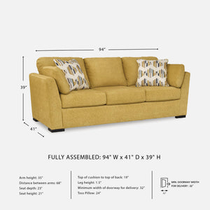 Modern Upholstered 3-Seat Sofa with Accent & Bolster Pillows – Yellow