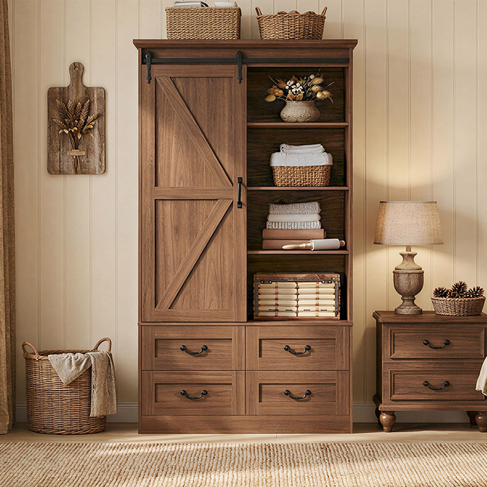Sliding Barn Door Wardrobe with 4 Drawers & Hanging Rod — 71" Tall Bedroom Armoire
