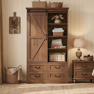Sliding Barn Door Wardrobe with 4 Drawers & Hanging Rod — 71" Tall Bedroom Armoire