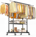 Heavy Duty Double Rod Clothes Rack with Shelves & Lockable Wheels