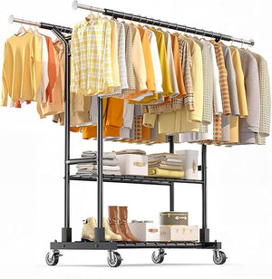 Heavy Duty Double Rod Clothes Rack with Shelves & Lockable Wheels