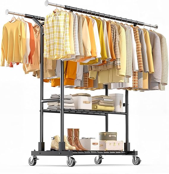 Heavy Duty Double Rod Clothes Rack with Shelves & Lockable Wheels