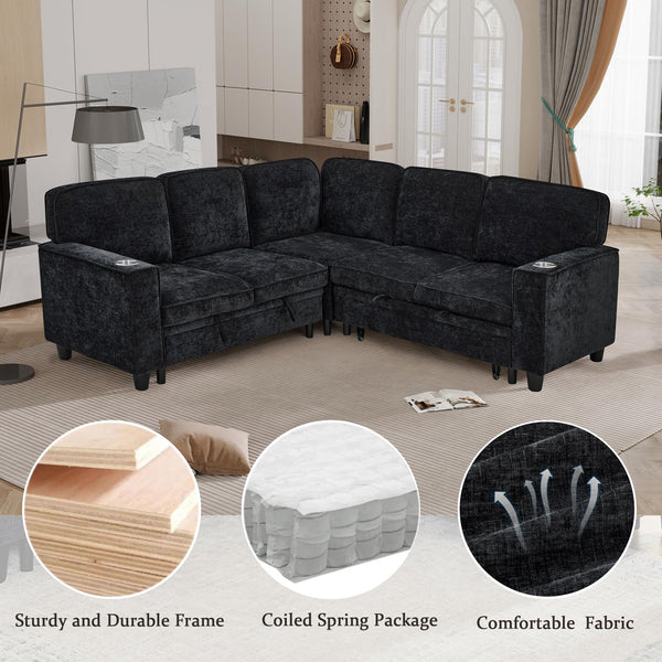 L-Shaped Sectional Sleeper Sofa with Pull-Out Bed & Storage