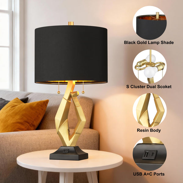 Gold & Black Sculptural Table Lamps Set of 2 with USB Ports