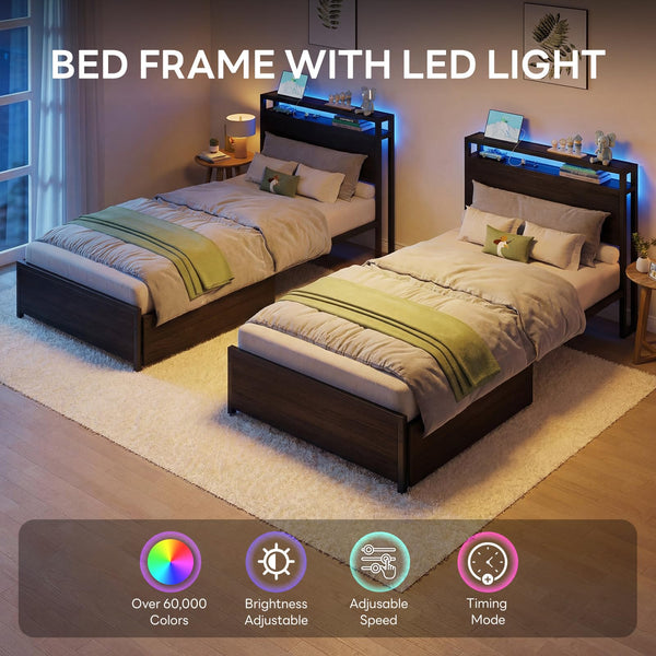 Twin XL Bed Frame with Storage Drawers, LED Light & Charging Station