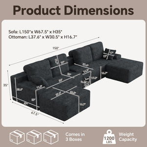 150" Oversized U-Shaped Modular Sectional Sofa, 6-Seater