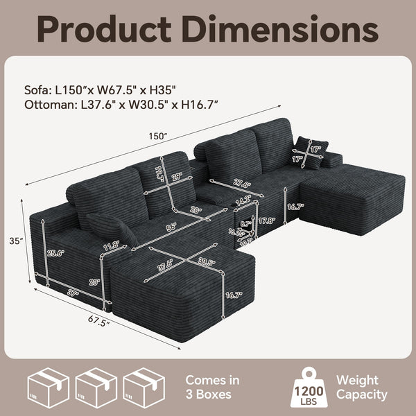 150" Oversized U-Shaped Modular Sectional Sofa, 6-Seater
