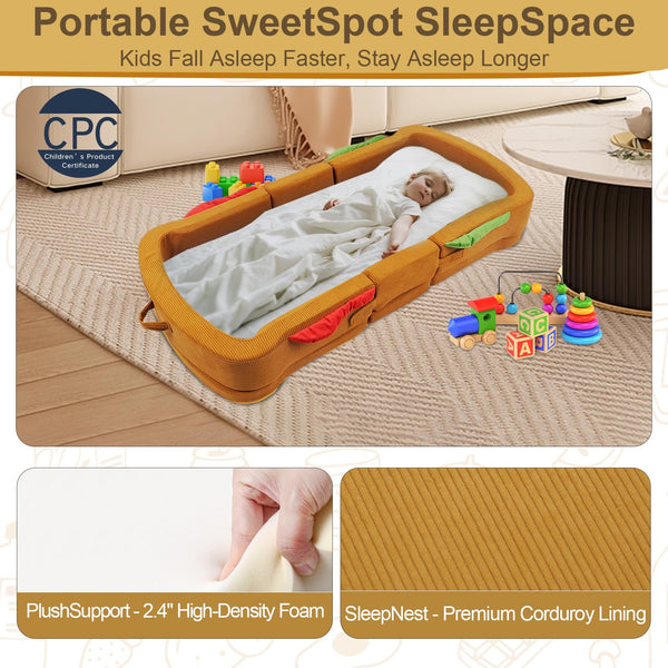 Toddler Travel Bed – Sandwich Style Foam Floor Crib with Safety Rails