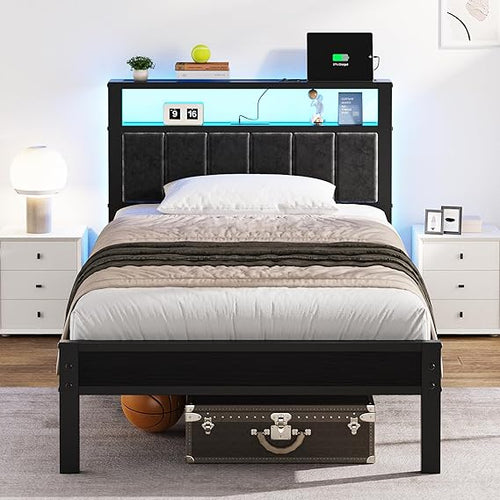 LED Platform Bed Frame with Storage Headboard & Charging Station
