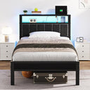 Queen Platform Bed Frame with LED Lights & Charging Station
