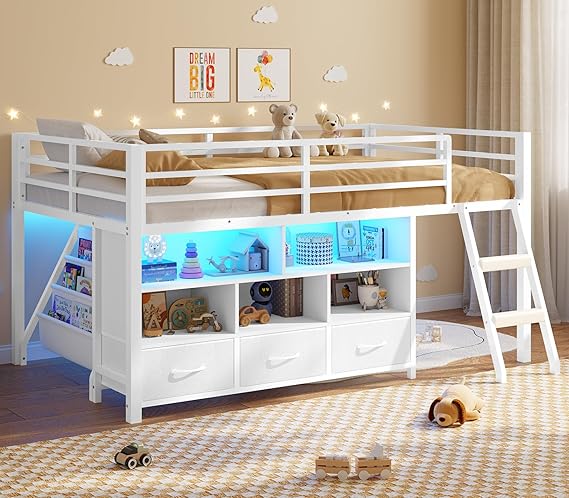 Twin Low Loft Bed with Storage Drawers, Bookshelf & LED Lights