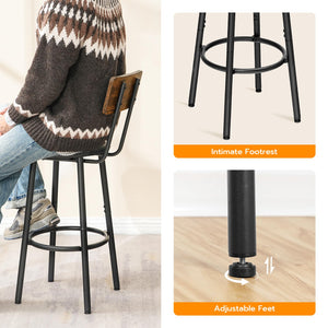 Bar Stools Set of 2, 26" Counter Height with PU Cushion, Footrest & Back