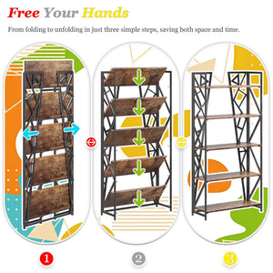 5-Tier Folding Bookshelf, No-Assembly Industrial Storage Shelves