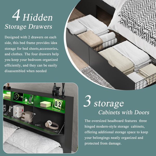 Queen Bed Frame with Storage Headboard, Drawers & Charging Station