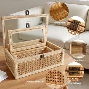 Rattan Decorative Boxes with Glass Lids – Set of 2